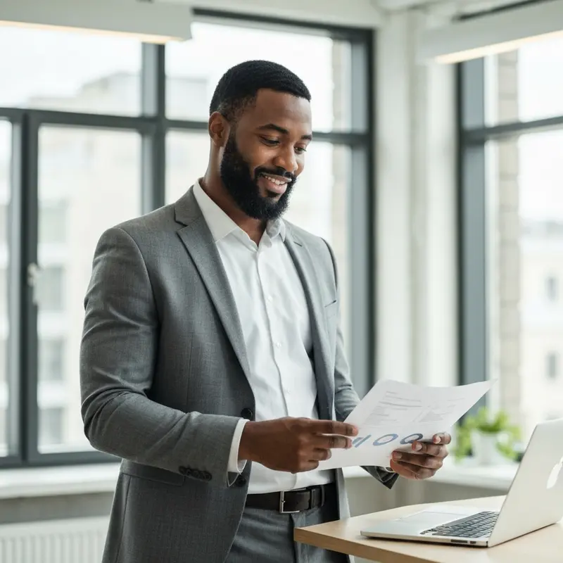 אדם מרוצה בודק דפי חשבון וניהול כספים