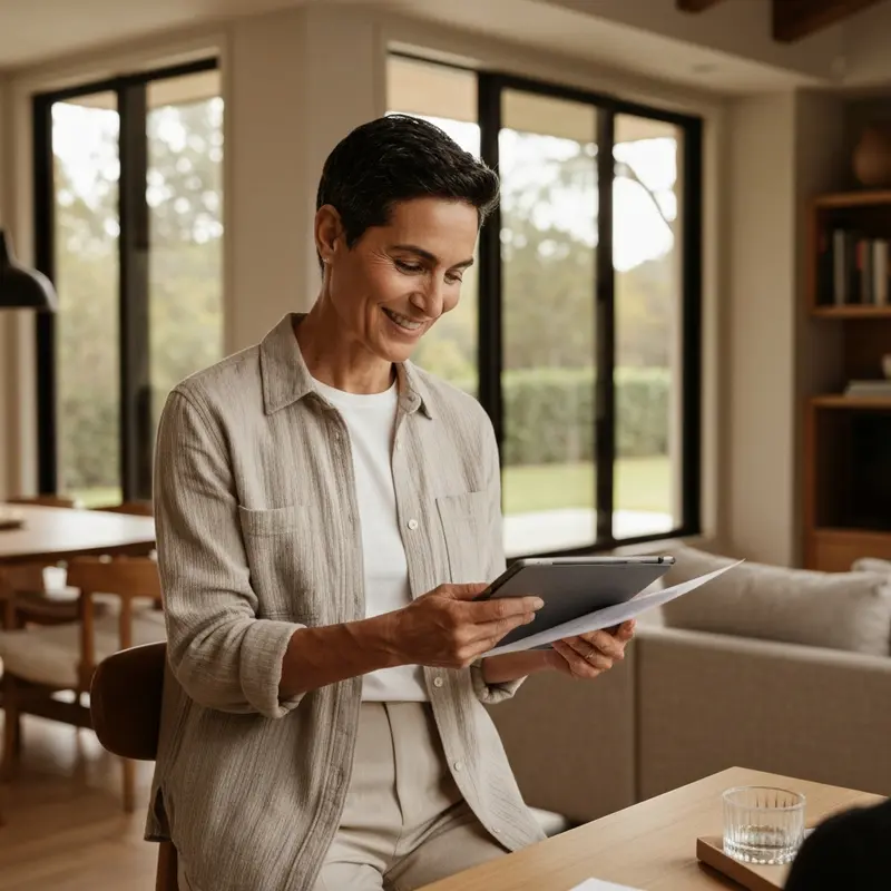אישה ישראלית מחייכת מול מסך מחשב עם אישור הלוואה