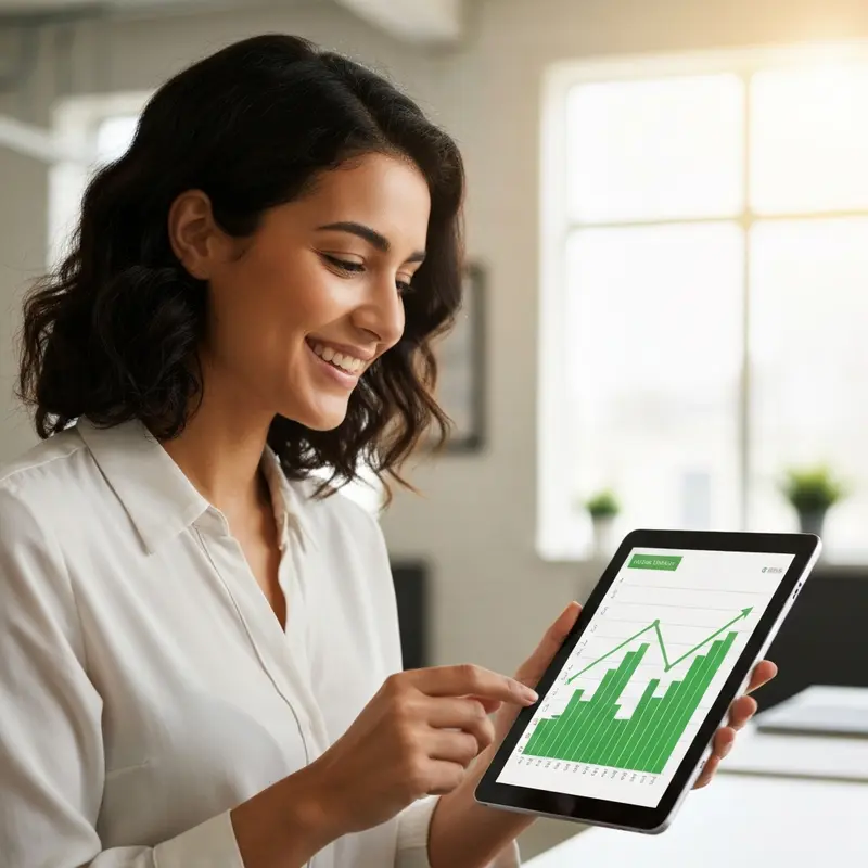 אישה מראה ים תיכוני מחייכת עם גרף חיובי