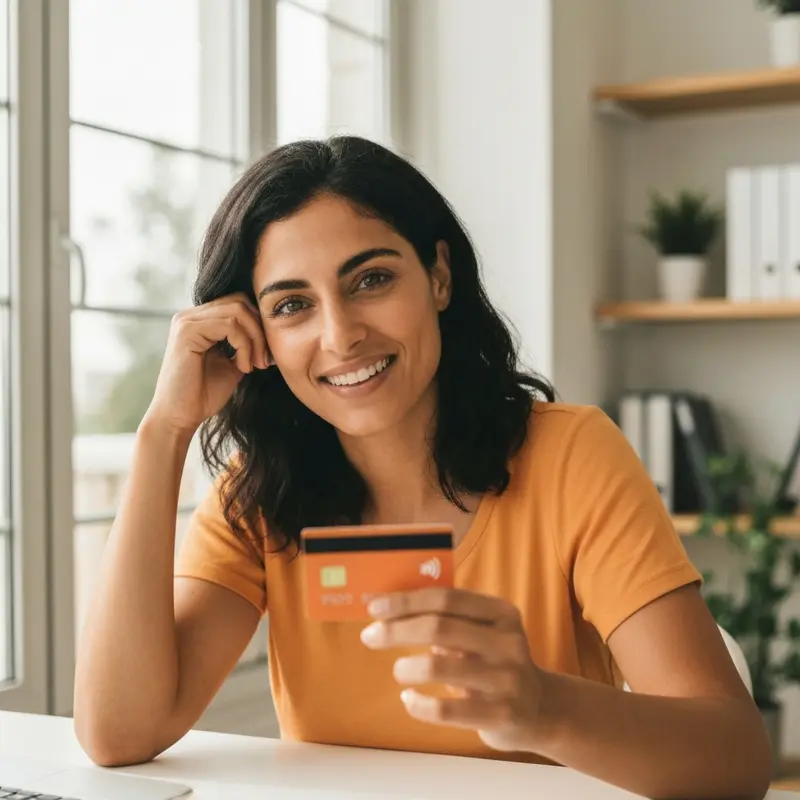 אישה רגועה בעלת מראה ים-תיכוני בוחנת כרטיס אשראי חדש.