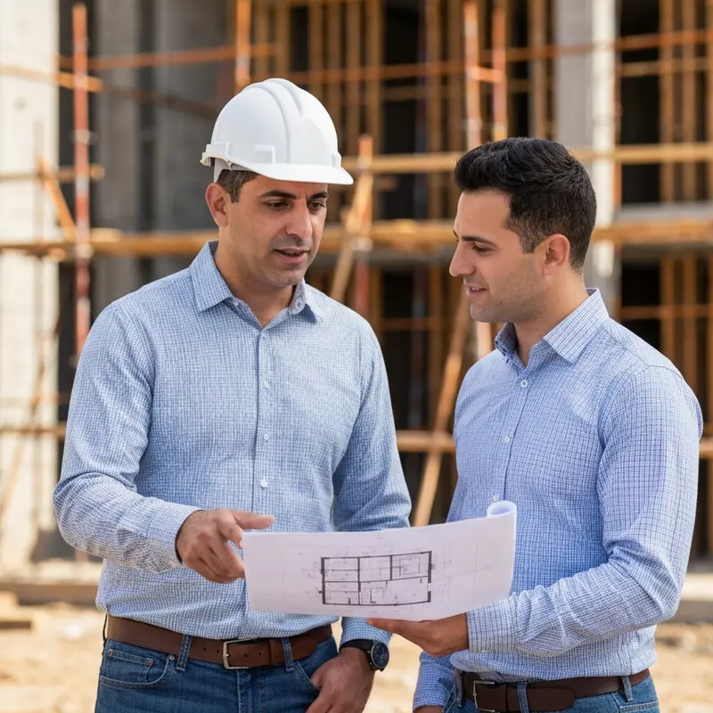 איש עם עור זית ושיער כהה בודק תוכניות בנייה