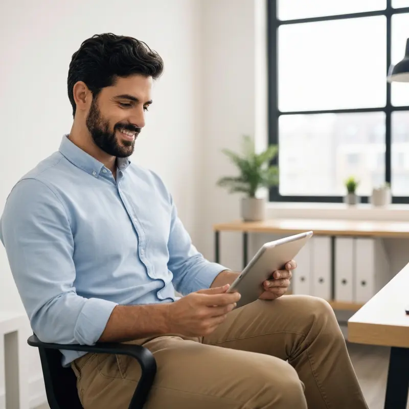 איש עסקים מרוצה בודק אשראי דיגיטלי