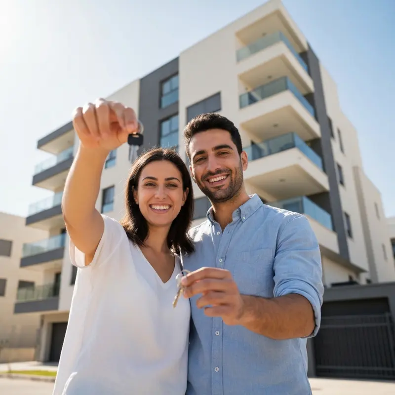 זוג צעיר מאושר עם מפתחות לדירה