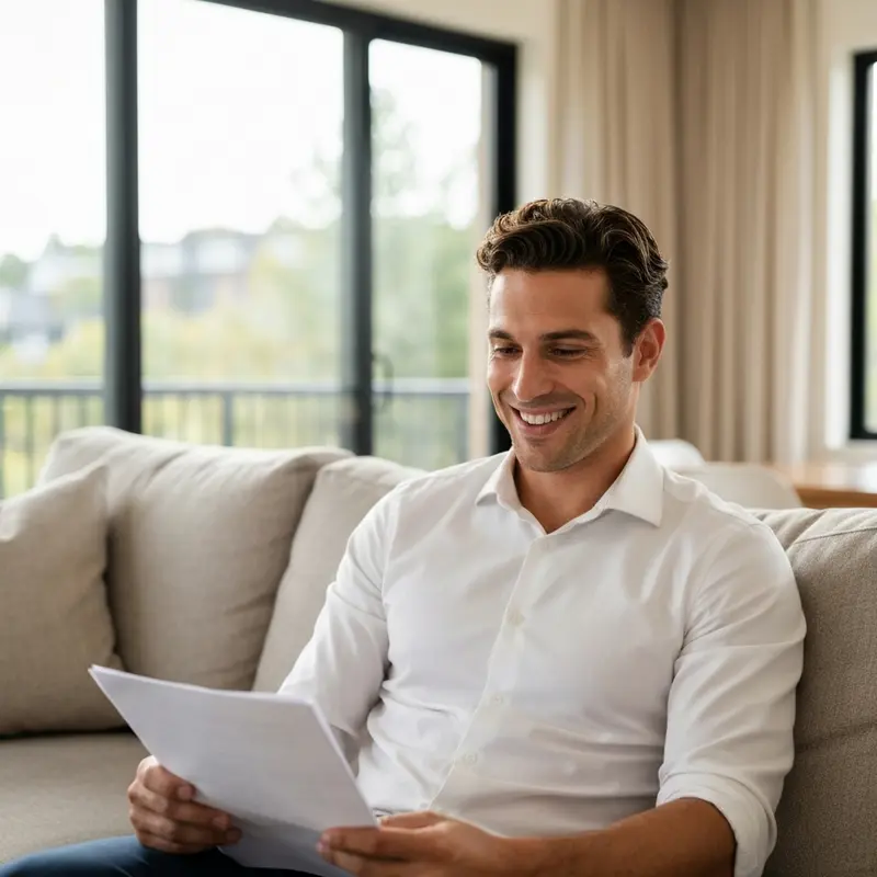 יועץ פיננסי מראה ללקוח מרוצה נתוני אשראי חיוביים.