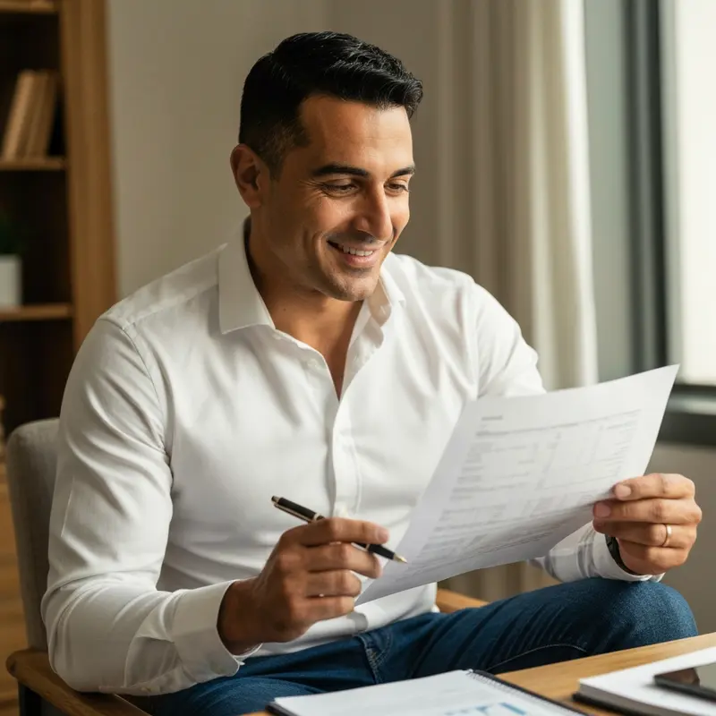 לקוח ישראלי רגוע בודק מסמכים פיננסיים