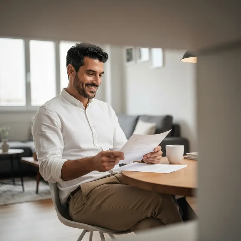 לקוח מרוצה בעל מראה ים-תיכוני בודק מסמכים ברוגע