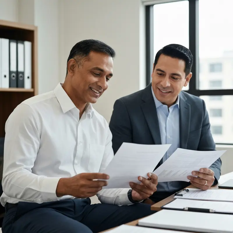 לקוח מרוצה בעל מראה ישראלי בוחן מסמכי מימון.