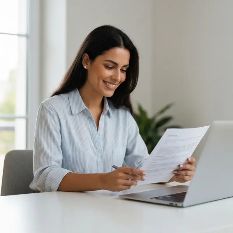 אישה בעלת מראה ישראלי מחייכת ברוגע מול מסך מחשב עם גרף חיובי.