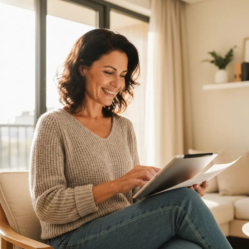 אישה ישראלית בודקת דוחות פיננסיים בחיוך.