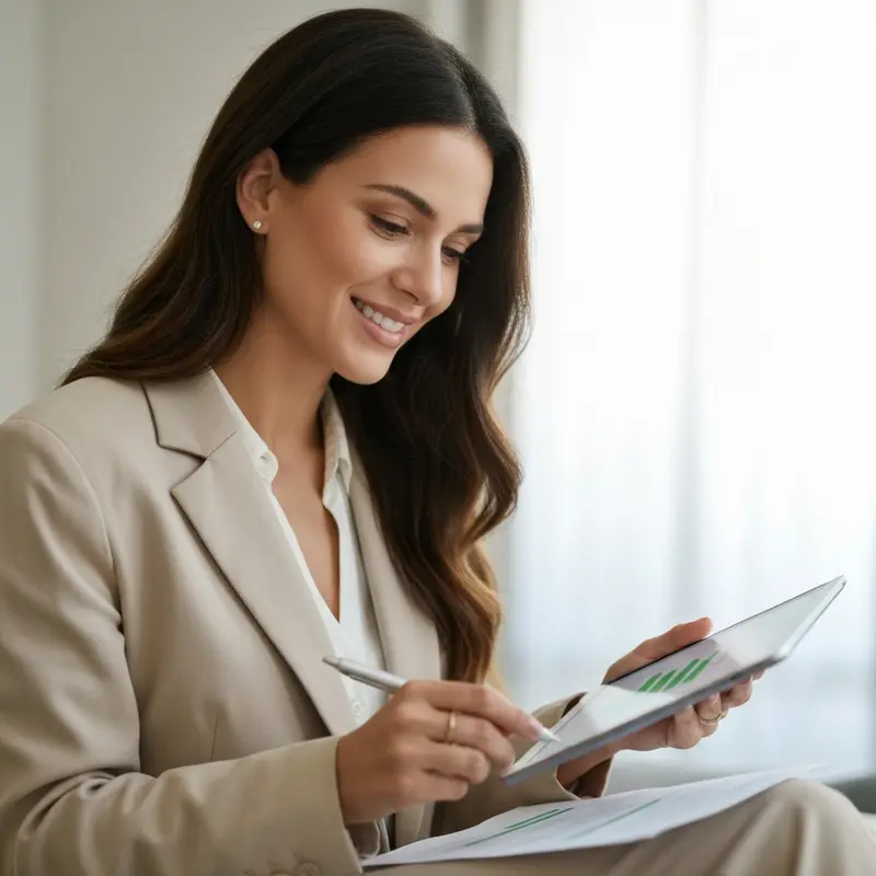 אישה ישראלית מחייכת מול מסך מחשב עם נתונים פיננסיים חיוביים