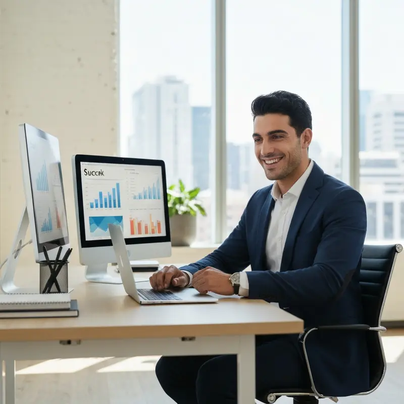 בעל עסק ישראלי חייכן מול מסך מחשב