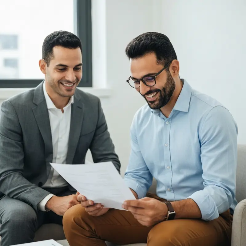לקוח מרוצה בוחן דוח אשראי עם יועץ.