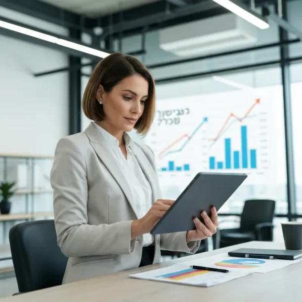 איש עסקים ישראלי מרוצה בודק נתוני הלוואה דיגיטלית מיידית