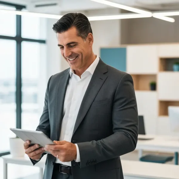 איש עסקים עם חיוך רחב, הלוואה על חשבון קרן השתלמות