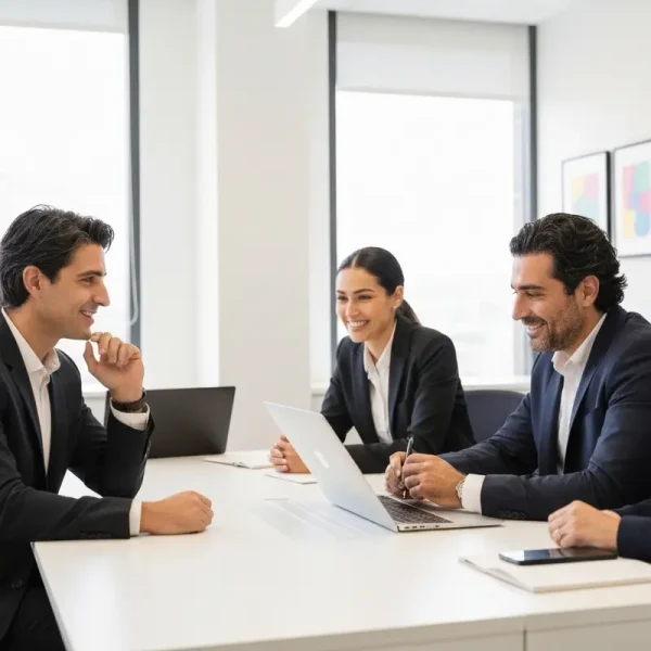 אנשים בעלי מראה ים-תיכוני דנים באפשרויות מימון חוץ בנקאי מול בנקאי.