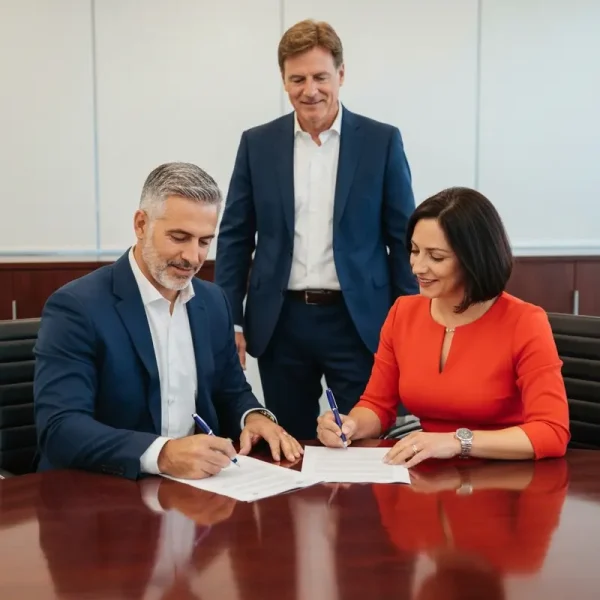 זוג ישראלי מחויך חותם על מסמכי משכנתא חוץ בנקאית