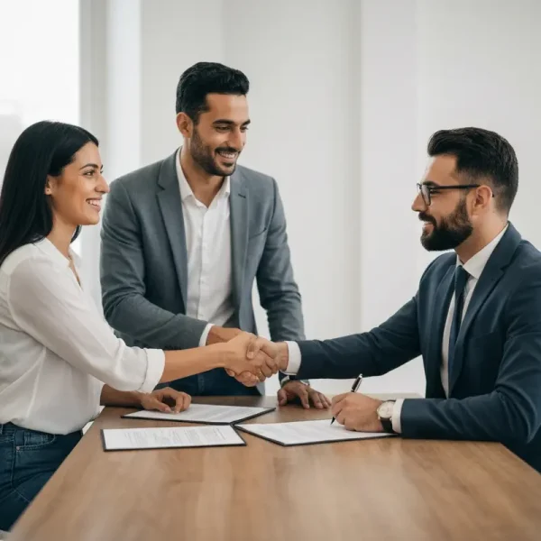 זוג ישראלי מרוצה משוחח עם יועץ פיננסי על הלוואה לשיפוץ הבית