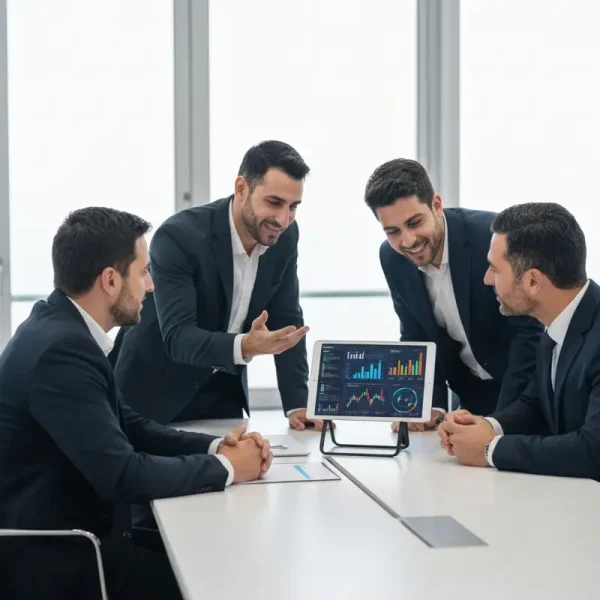 יועצים פיננסיים בוחנים דוח נתוני אשראי במשרד מודרני.