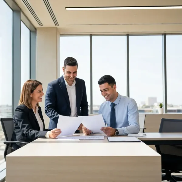 צוות עסקי ישראלי בוחן מסמכים של הלוואה בערבות המדינה